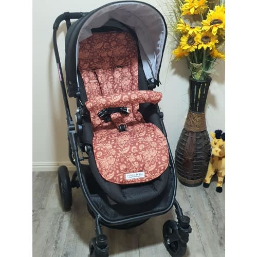 Pram/stroller seat liner-Brown vintage floral vines-Australian made