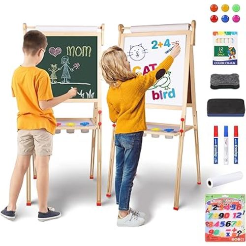 YOHOOLYO Kids Easel Wooden Children Art Easel Paper Roll,Double Sided Magnetic Whiteboard Chalkboard Dry Eraser Adjustable Height for Boys Girls Gifts