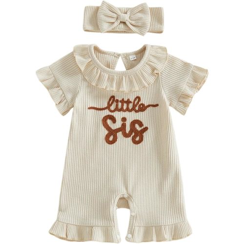 allshope Newborn Baby Girl Summer Outfit Romper Little Sister Lil Sis Embroidery Ruffle Collar Jumpsuit Infant Waffle Clothes