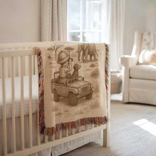 Safari Nursery Blanket: Woven Cotton Jeep & Elephant Design