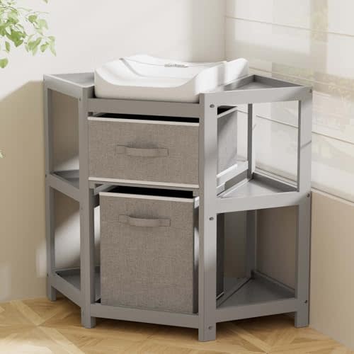 YUFU Baby Corner Changing Table with Storage Drawers, Portable Diaper Changing Station with Baby Changing Pad, Modern Wood Changing Table Dresser for Infants and Toddlers (Gray)