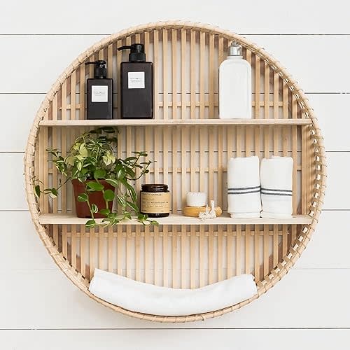 Rattan Wall Shelf 3 Tier Boho Wall Mounted Shelf Farmhouse Handcraft Round Floating Shelf Display Rack Storage Circular Hanging Shelf for Livingroom Home Decor