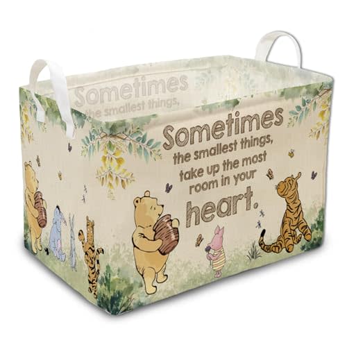 Vintage Winnie Nursery Hampers with Handles, the Pooh Storage Basket Decor, Winnie Baby Nursery Hamper Decor, Foldable Canvas for Bathroom and Bedroom SetClothes,Toys Bin