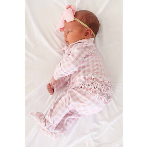 Peter Pan Collar Ruffle Zipper Footie in Rosy Gingham | Caden Lane