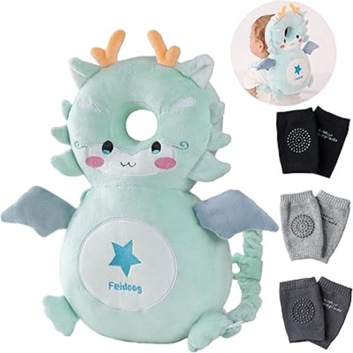 Feidoog Baby Head Protector Cushion Backpack with 3 Knee Pads for Walking & Crawling,Blue Dragon