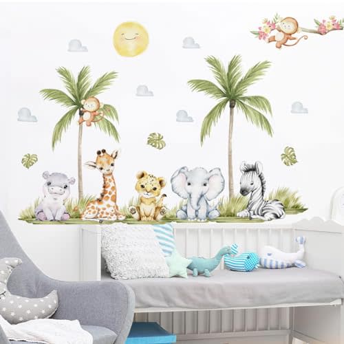 56.29 x 44.88 Inch Watercolor Animal Wall Decals - Jungle Stickers With Tiger, Elephant, Zebra, Giraffe, Monkey, Hippo for Baby Nursery, Bedroom, Classroom, Kindergarten Decor