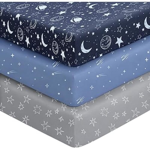 Baby Crib Sheets for Boys Girls, 28x52x8in Fitted Crib Sheet Neutral 3 Pack for Standard Crib and Toddler Mattress, Breathable Soft Microfiber Baby Sheet Blue Gray Planet