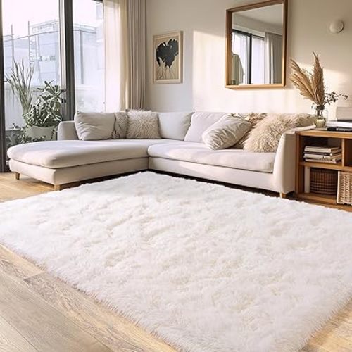 White Fluffy Rug for Bedroom 5x7 ft - Ultra Soft & Non Slip Shaggy Area Rug, Comfy Durable Carpet for Living Room Kids Room Teens Dorm Home Decor, 1.7'' Thick Indoor Plush Carpets