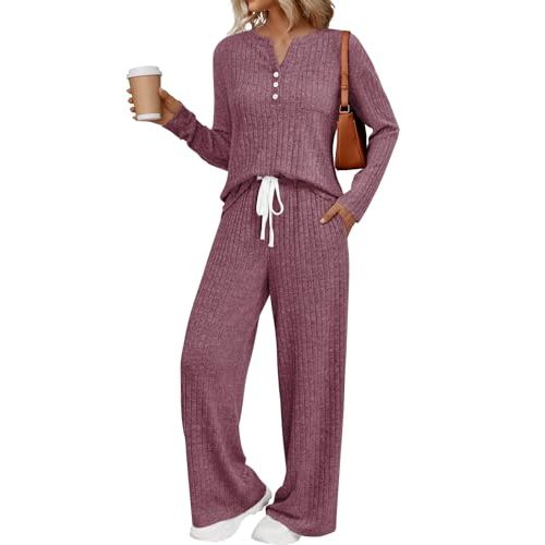 LILLUSORY Womens 2 Piece Lounge Sets Fall Outfits Henley Neck Sweater 2025 Matching Sweat Suits Comfy Pajamas Clothes Pockets