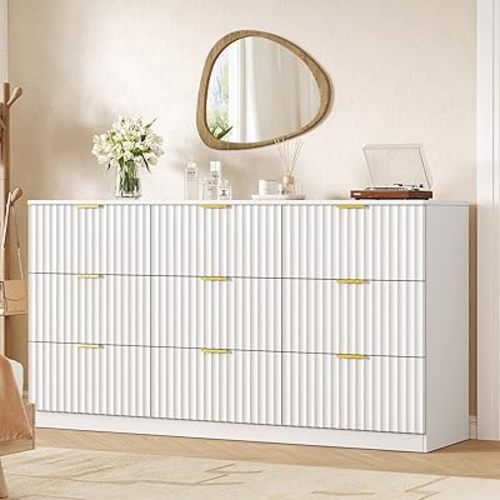 60.3" Wide Fluted 9 Drawer Dresser for Bedroom, White