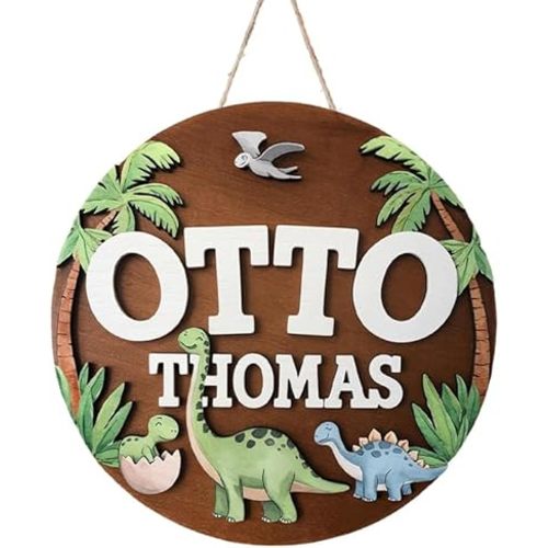 Personalized Baby Name Signs for Nursery, Dinosaur T-rex Sign for Baby Door Decor, Newborn Gifts for Boy, Boys Nursery Wall Bedroom Decorations, Mother's Day Gifts for New Mom Dad Gift