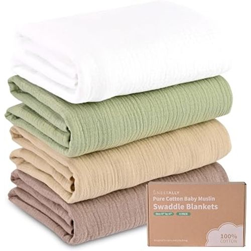 NESTALLY Cocoon Muslin Swaddle Blankets 4 Pack, Sage Green & Neutral