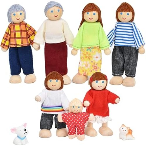 Jzszera Wooden Doll House People of 7 Miniature Figures and 2 Pets, Dollhouse Dolls Family Set Accessories for Girls Toddler Kids Pretend Play and Imaginative Fun