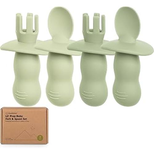 KeaBabies 4-Pack Silicone Baby Spoons and Forks Set - Baby Led Weaning Utensils 6-12 Months, Self Feeding Toddler Spoon & Fork for Training, Teething, Easy to Hold, BPA-Free Silicone (Sage)
