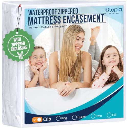 Utopia Bedding Crib Size Mattress Protector Zippered, 100% Waterproof | Bed Bug and Dust Mite Proof Mattress Encasement, Absorbent 6 Sided Mattress Cover fits upto 7" deep, Machine Washable