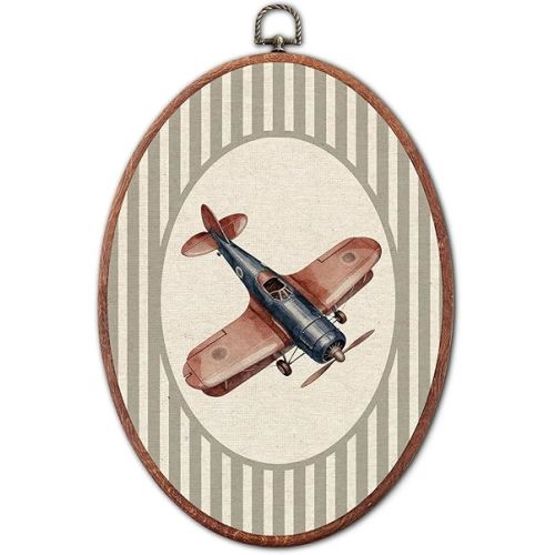 Vintage Airplane Nursery Oval Wall Art Framed, Grey Striped Framed Canvas Prints, Unique Retro Boy or Girl Gift Hanging Wall Decor for Kids Toddler Room Bedroom Playroom, 8.6x11.4 Inch