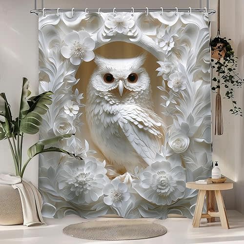 White Owl Shower Curtain 60Wx71L, Animal Shower Curtains for Bathroom Decor, Shower Curtain Set Home Decor 12 Pack Hooks