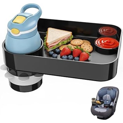 Kids Car Seat Tray, Travel Tray with Cup Holder for Toddler Baby, Kids Car Seat Food Snack Organizer for Road Trip, Stroller Snack Organizer Travel Must Haves Toddler Must Haves (Black, 1 Pack)