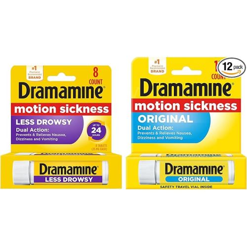 Dramamine Motion Sickness Variety Pack (1- Original Formula 12 Count, 1- All Day Less Drowsy 8 Count)