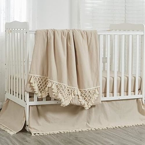 Brandream Gender Neutral Boho Bohemian Baby Girl Boy Nursery Crib Bedding Set 3 Pieces Solid Beige Farmhouse Chic Unisex Minimalist Tassel Fringe Macrame Cozy 100% Cotton with Washed Craft Super Soft