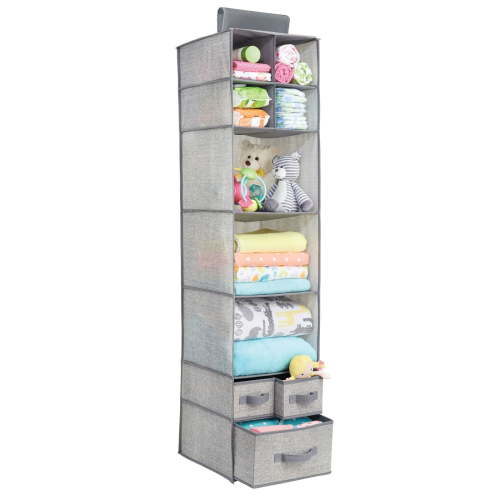mDesign Fabric Nursery Hanging Organizer with 7 Shelves and 3 Drawers - Gray