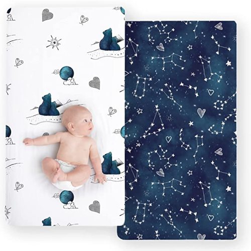 JumpOff Jo - 2 Pack Fitted Crib Sheet, Super Soft Breathable 100% Cotton Baby Crib Sheet for Standard Crib Mattresses and Toddler Beds, 28 in. x 52 in. - Galaxy & Mama Bear