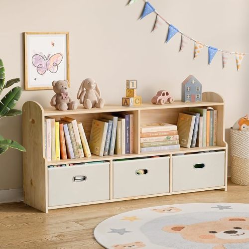 HAVLOTII Montessori Bookshelf and Toy Storage Organizer with 3 Storage Bins