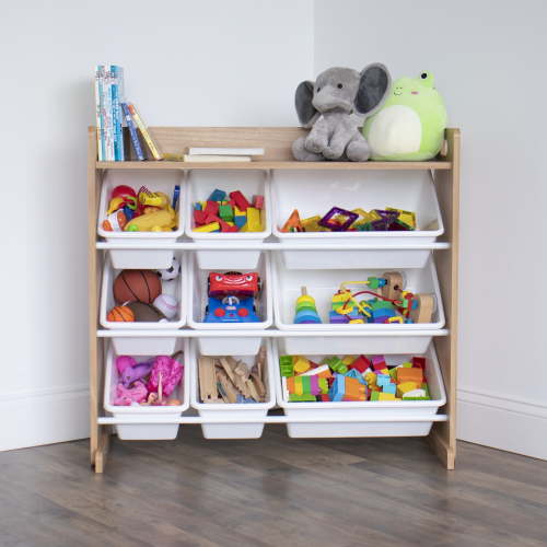 Humble Crew Kids Toy Storage Organizer with Shelf and 9 Plastic Storage Bins, Natural/White