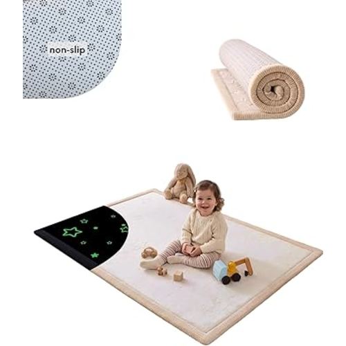Hakuna Matte GlowCloud Baby Play Mat for Floor 47”x 67” Stars – Coral Velvet Memory Foam Rug for Crawling & Cozy Play – Non-Slip, Water-Resistant, Easy-CareTummy Time Mat, Playmat for Playpen