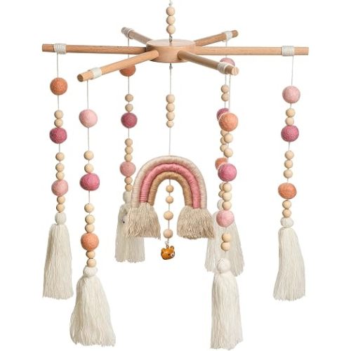 Baby Crib Mobile,Crib Mobile Wooden Mobile with Colorful Cotton Ball Wool Felt Ball Boho Baby Mobile Bassinet Mobile for Crib,Mobile for Baby Nursery and Ceiling Decoration