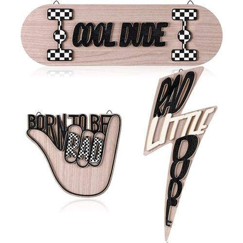 3 Pcs Wood Plaque Sign Rad Little Dude Wood Wall Hanging Tags Cool Nursery Decor Born to Be Dude Wall Sign Gifts for Room Dorm Playroom, Black and White Checked