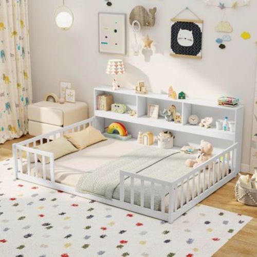 Costway Full Size Montessori Floor Bed with Bookcase Storage Shelves & Safety Fence Rails White