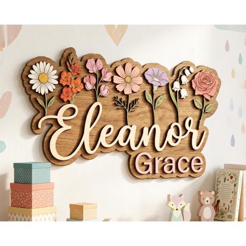 Personalized Wildflower Name Sign for Nursery, 3D Wooden Name Sign for Girl Room Decor, Custom Baby Name Sign, Flower Nursery Wall Art