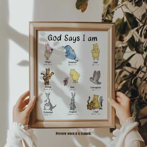 Winnie The Pooh Wall Art, Winnie and Friends, God Says I AM, Nursery Room Decor, Christianity Religion Quote, Inspirational Scripture Print