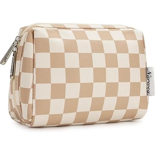 Narwey Small Checkered Makeup Bag for Purse Mini Cosmetic Bag Travel Makeup Pouch Zipper Pouch Cute Make up Bags with Compartments for Women Girls (Light Checkerboard, Small)