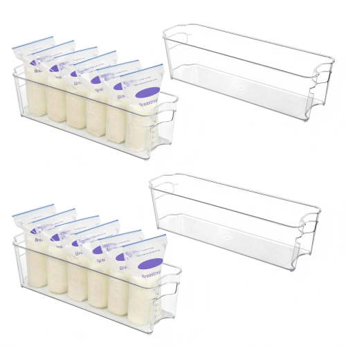 Breastmilk Storage Container 4PCS Set, Clear Freezer and Fridge Organizer Bins, Plastic Storage Bins for Breast Milk, Baby Pouches, Formula, Bottles and Yogurts, 4.3’’ Width, 14.7" Long