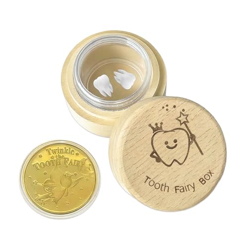 Tooth Fairy Box Gifts for Girls Boys First Tooth Keepsake Box Fairy Gifts | Tooth Fairy Box Coin Transparent Jar and Reward Coins,Wood Kids tooth Keepsake Box for Lost Teeth Kids Birthday Gifts