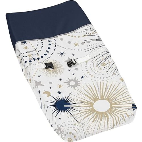 Sweet Jojo Designs Star and Moon Boy or Girl Baby Nursery Changing Pad Cover - Navy Blue, Gold, and Grey Celestial Sky Stars Gender Neutral Unisex