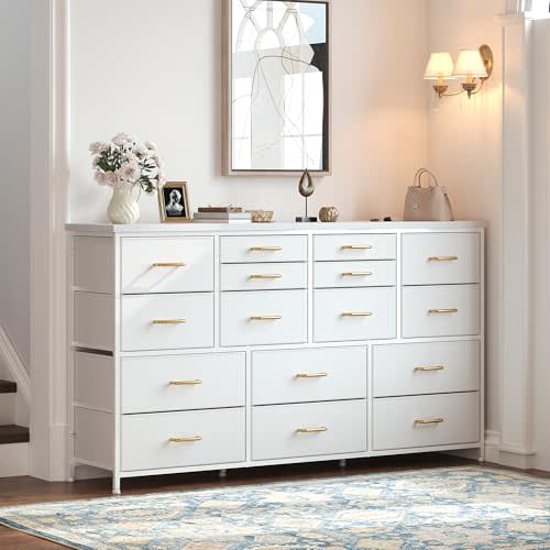 EnHomee 51" Dresser & TV Stand for 60" TV,16 Drawers,Charging Station,White | Waterproof wood top, anti-tip metal frame, 6 adjustable feet for uneven floors, and multiple colors to match any room
