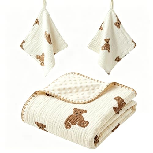 3-Piece Baby Blanket Set - Soft Cotton Muslin Swaddle with Minky Dotted Backing, 2 Matching Washcloths, Breathable Double Layer Receiving Blanket for Newborn Boys & Girls (Teddy Bear)
