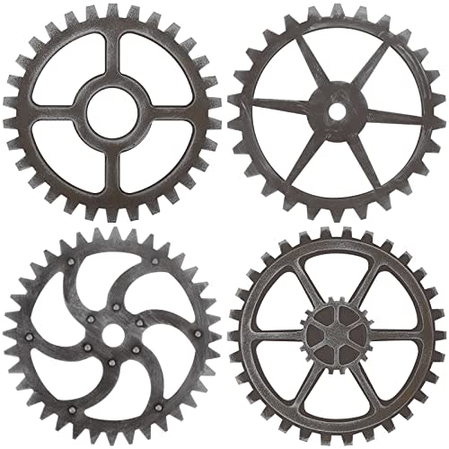 Yulejo 4 Pieces Wooden Industrial Steampunk Style Gear Wheel Wall Decoration 10 Inch Vintage Wooden Gear Combination Farmhouse Hanging Wall Decor for Home Wall Bar Decor Art Craft Wall Decor (Silver)