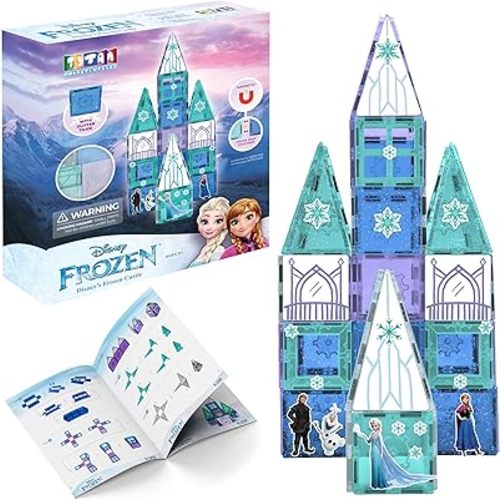 Tytan Toys Disney Frozen Magnetic Tiles Princess Castle - 68-Piece STEAM Building Set with Glitter Tiles & Elsa, Anna, Olaf Stickers - Educational Frozen Toys for Girls Age 3-4+