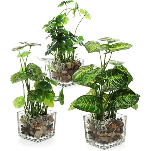 MyGift Set of 3 Fake Plants, Small Artificial Potted Plants Indoor in Clear Glass Pot, 9.5 Inch Faux Plant for Home Decor