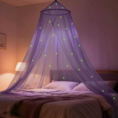 Purple Bed Canopy for Girls with Glow-in-The-Dark Stars, Princess Canopy Curtains Fits Single, Twin, Full, Queen Size Bed, Bedroom Accessories, Ceiling Tent