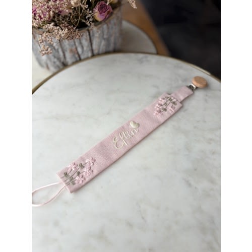 Handmade Personalized Name Pacifier Clip – Beige Fabric – Embroidered – Baby Gift