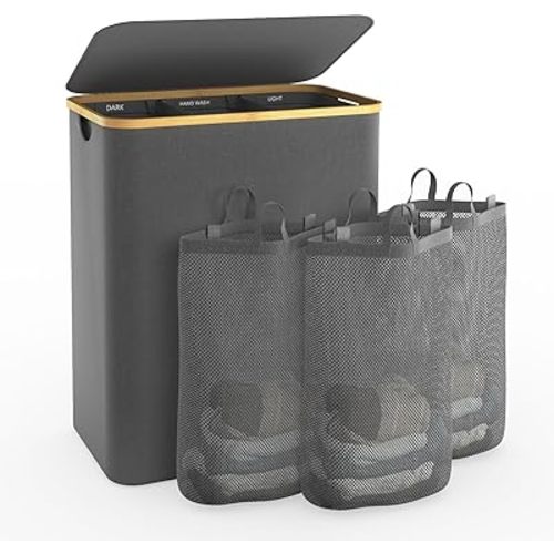 Laundry Hamper with Lid, 145L Extra Large Hamper 3 Section Dirty Clothes Hampers for Divided Basket Organizer for Bedroom, Laundry Room, Grey