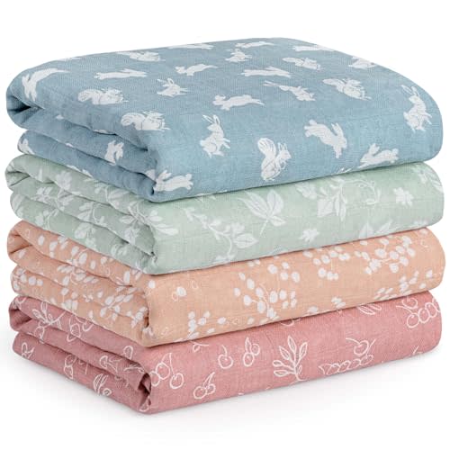 4-Pack Muslin Swaddle Blankets for Newborns | 100% Cotton Breathable Soft Muslin, Large 31.5"x43.3" | Multi-Use Stroller Sunshade Nursing Cover & Receiving Blanket, Neutral Rabbits