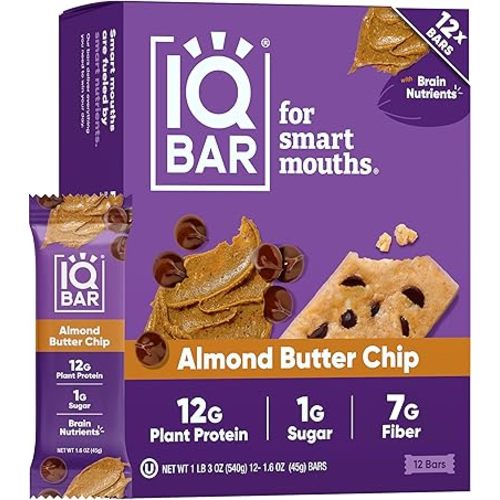 IQBAR Clean Plant Protein Bars - Almond Butter Chip - 12 Count - Keto, Vegan, High Fiber, Gluten and Dairy Free, Low Sugar Snack - Brain and Body Nutrients for Focus, Energy, Meal Replacement