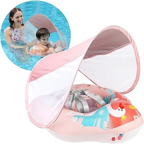 Swimbobo Infant Pool Float with Sun Canopy Inflatable Baby Swimming Floatie with Sponge Safety Bottom Support Water Toys Swimming Trainer(Pink Swan,Large)