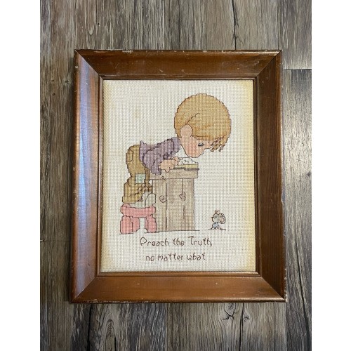 VTG Framed Cross Stitch Needlepoint Child Preaching Bible To Mouse Religious Art